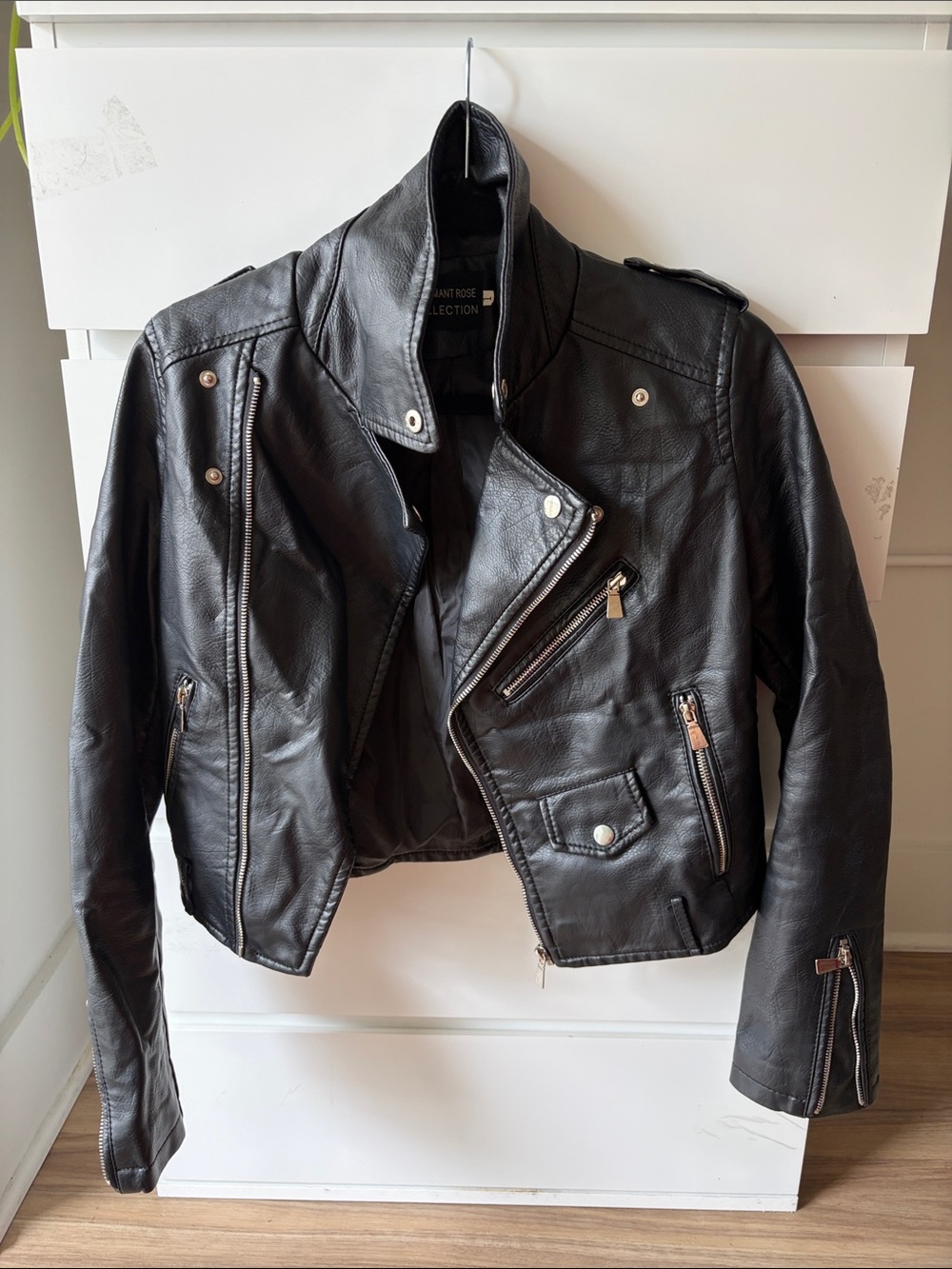 Classic Black Leather Moto Jacket with Zip Details